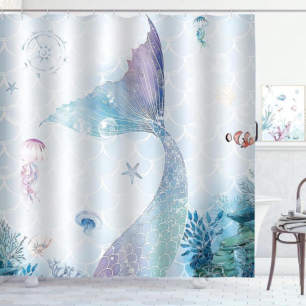 Coastal Turtle Shower Curtain Fish Coral Starfish Seashell Blue Ocean Beach Shower Curtains for Bathroom Waterproof Polyester Fa