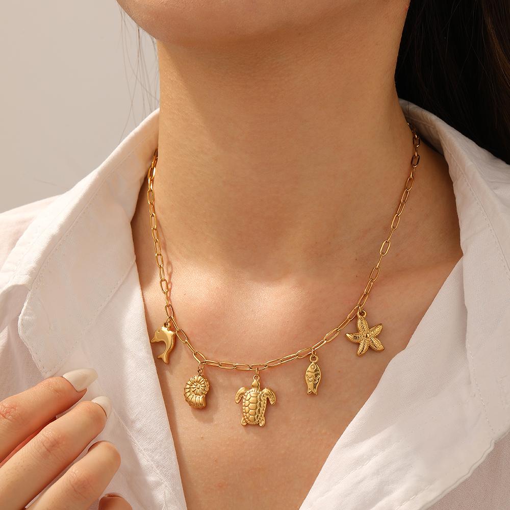 DIEYURO 316L Stainless Steel Golden Dolphin Conch Dolphin Fish Starfish Pendant Necklace Lady New Fashion Neck Chain Jewelry