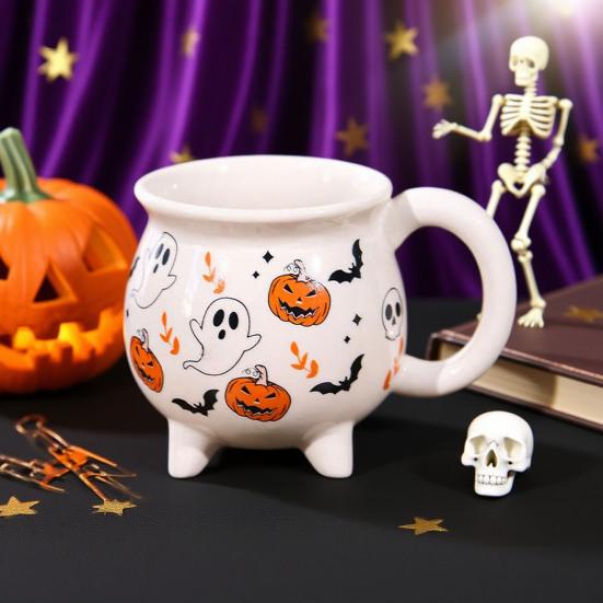 Ceramic Cauldron Coffee Mug with Ghosts Pumpkins Bats Halloween Tea Cups Personalized Witchy Gifts for Sisters Family