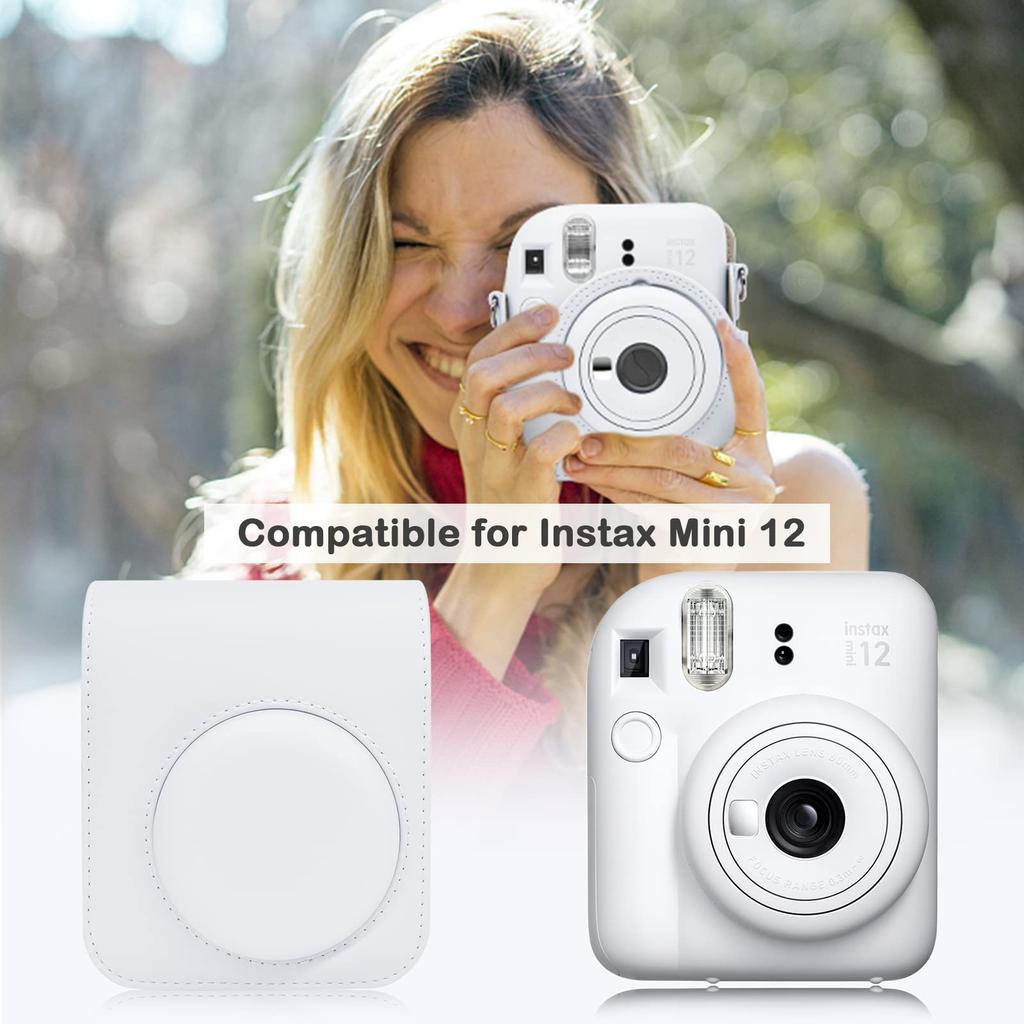 Kinokoo Instax Mini 12 Case, Fujifilm Instax Mini 12 Camera Case with Magnetic Closure and Shoulder Strap (White)