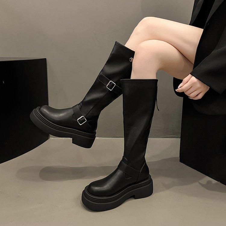 Retro round head belt buckle knight boots autumn and winter velvet brown platform boots British versatile handsome medium boots