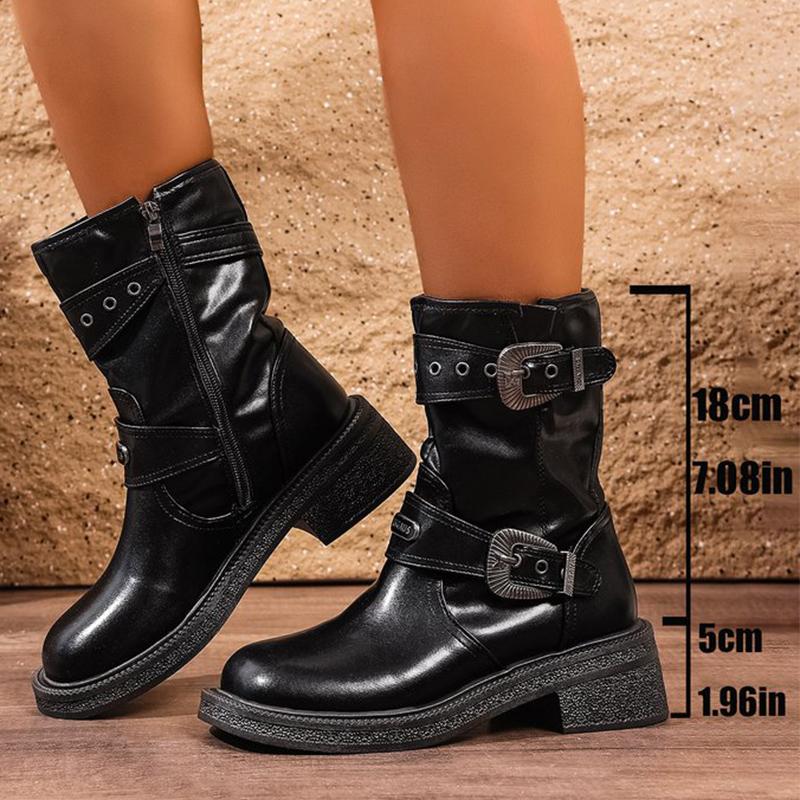 

Fashion Vintage Buckle Detor Boots for Women Spring Autumn Zipper Up Platform Boots Woman Fashion Black Brown Pu Leather Botas Female 40 чёрный