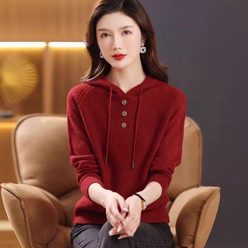 

Толстовка с капюшоном Вязаный свитер для женщин Осенью и Зимой Корейский стиль Свободный пуловер Утепленный Повседневный вязаный свитер One size вино красного