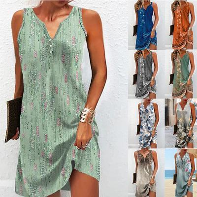 Women Casual Beach Summer Loose V-neck Sleeveless Cotton Tank Top Dress