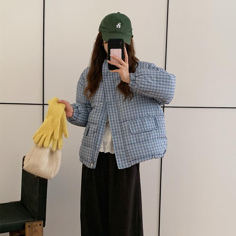 

Wind stand-up collar short cotton clothes for women s autumn and winter new casual blue plaid thickened outer wear trend XL синий