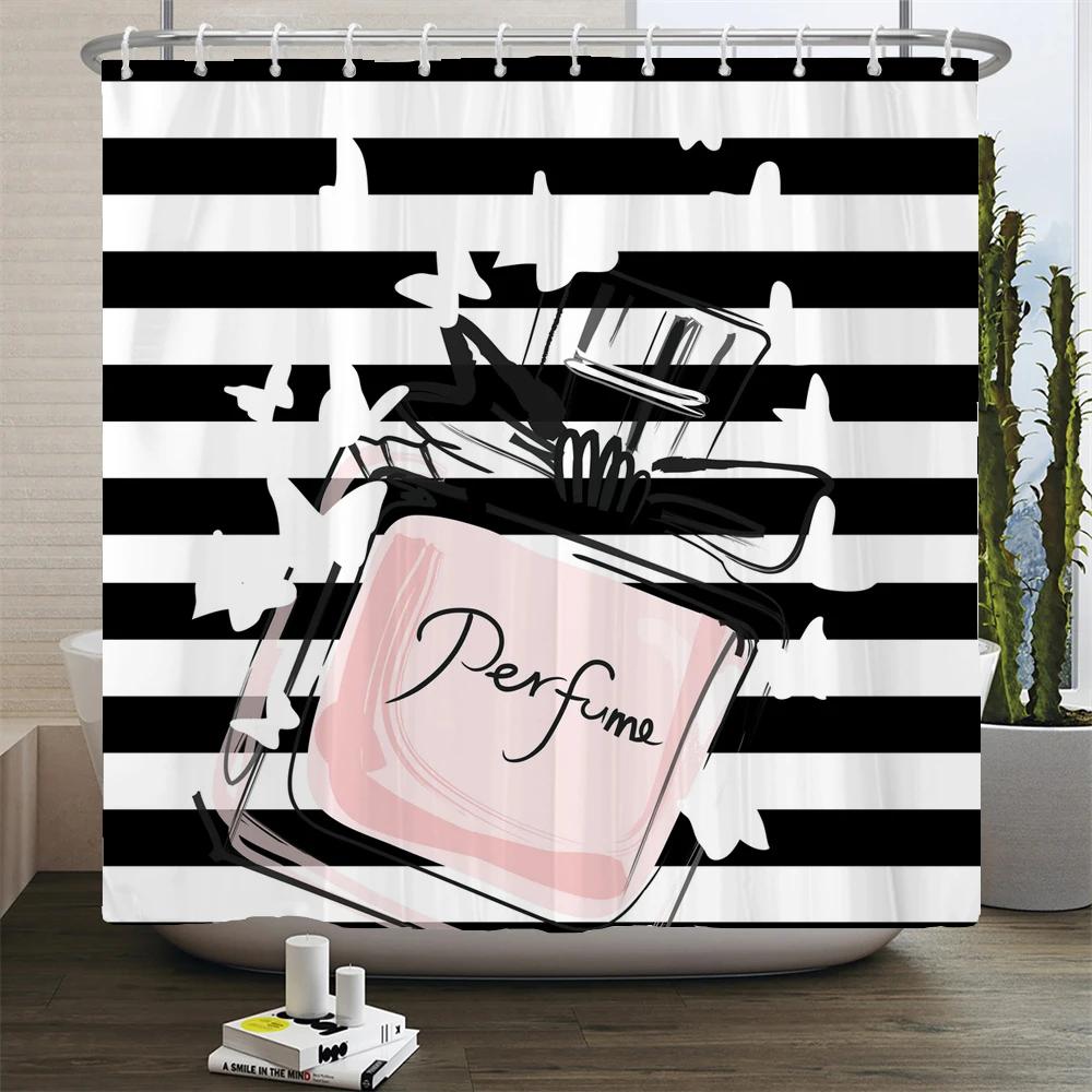 Perfume Bottle Flower Shower Curtain Set Black White Stripes Fashion Girl Woman Bathroom Decor Polyester Bath Curtains Hooks