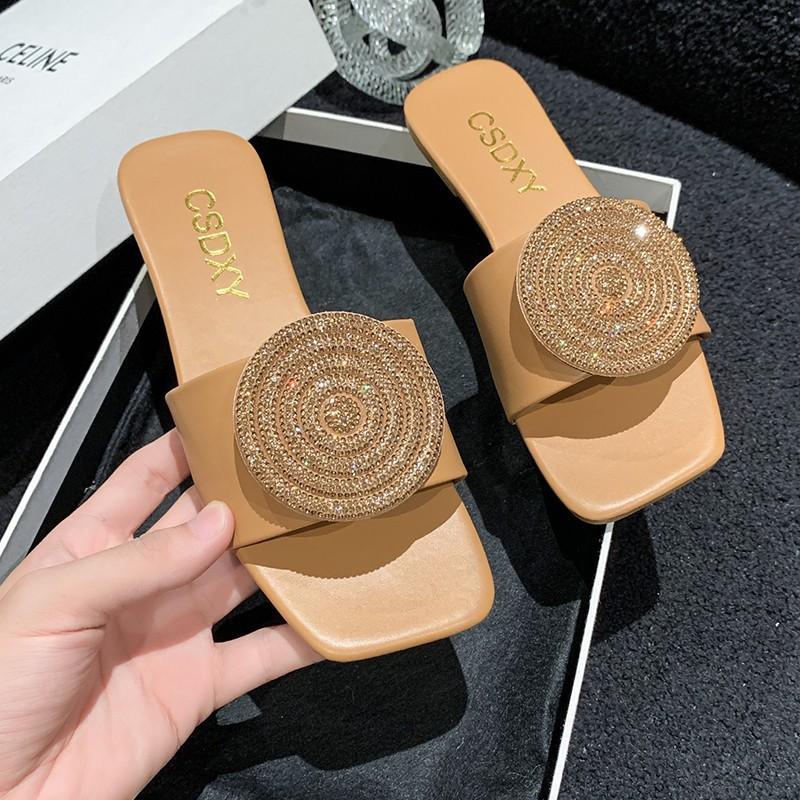 2024 New Large Size Flat Bottom Slippers Women Slippers Square Head Rhinestone Round Cake One-character Slippers
