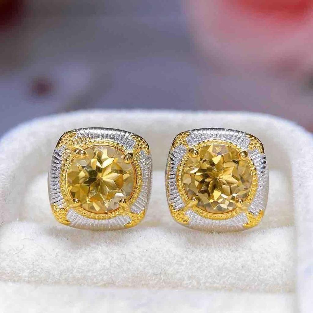 Citrine Stud Earrings: S925 Silver with Natural Design