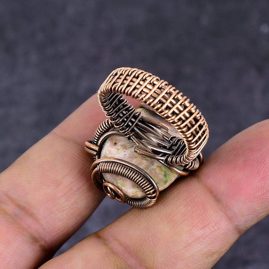 Natural Rhodochrosite Gemstone Copper Wire Wrap Jewelry Ring Size 8.5 ET-4661