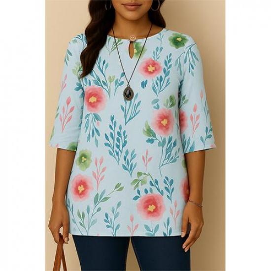 Casual Blouse, Vintage Style, For Women, Floral Print, O Neck, Three Tribal Sleeves, Elegant Loose Top