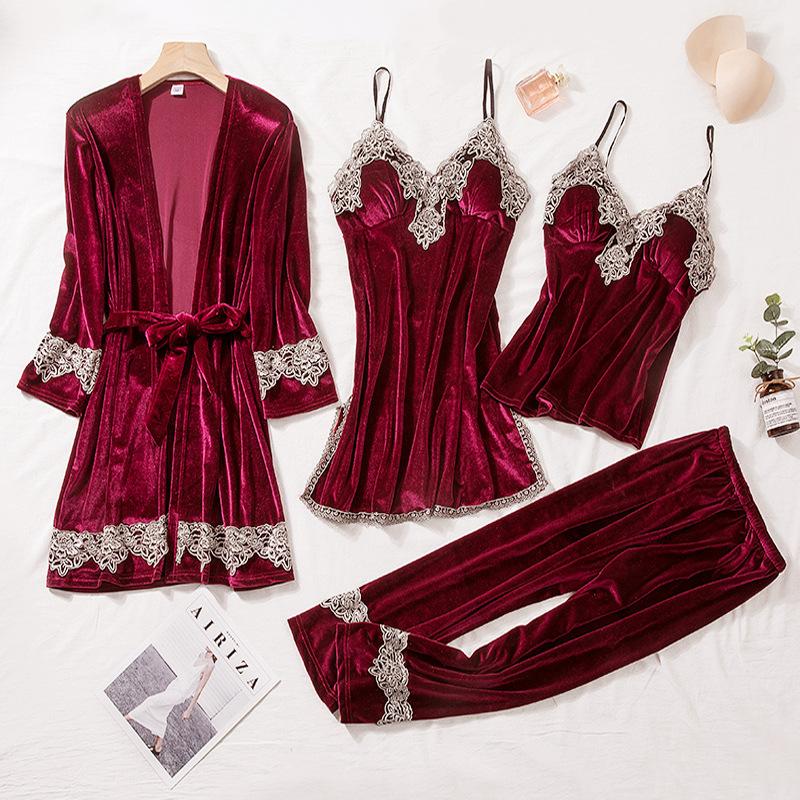 Catifea femeie pijamale pijamale set din patru piese sexy dantelă garnitură halat de baie pantaloni costume toamnă iarnă din catifea haine acasă haine de lounge