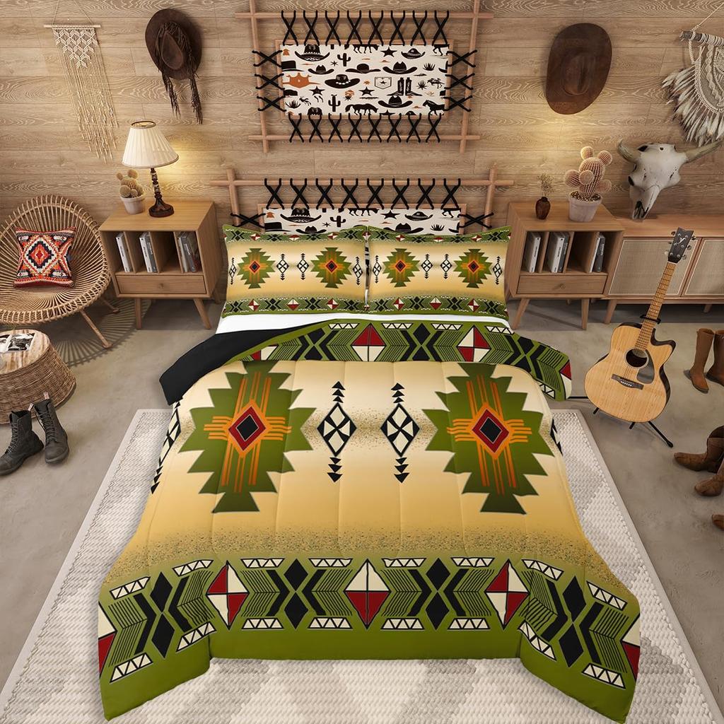 Erosebridal Western Aztec Comforter Set King Size, Boho Farmhouse Bedding Set for Kids Boys Teens Ethnic Southwest Bull Skull Cow Quilt Amer
