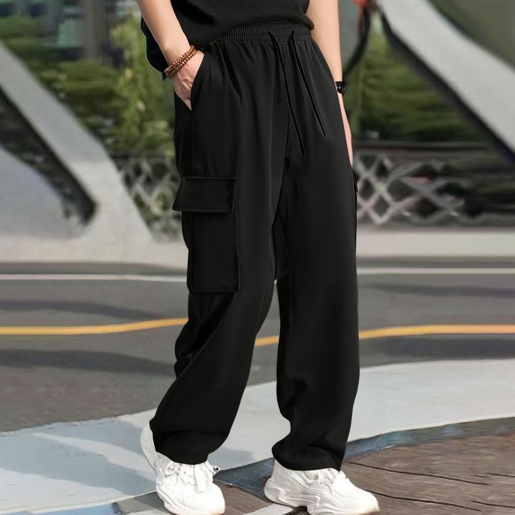 Men's Loose Casual Multi-pocket Work Pants, Youth Stretch Waist Drawstring  Pants