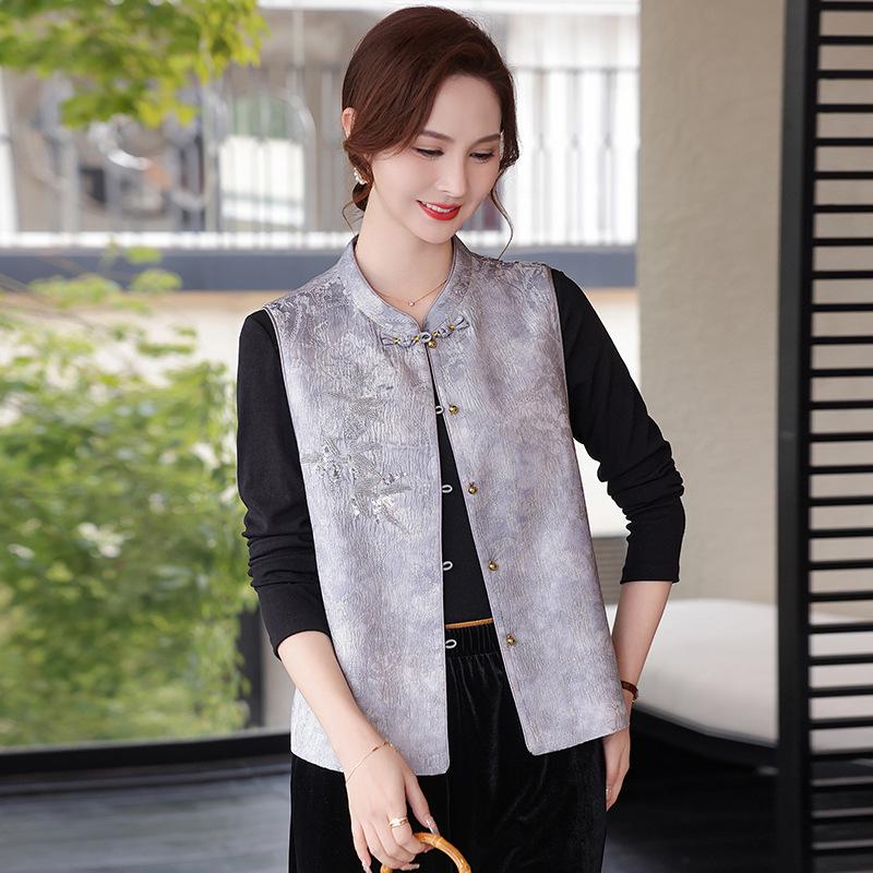 2026 Women's Embroidered Spring Vest – Chinese National Style Outerwear for Middle-Aged & Elderly