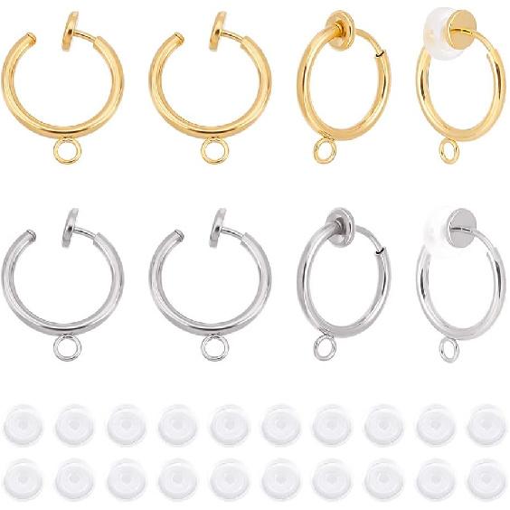 UNICRAFTALE 20Pcs 2 Colors 304 Stainless Steel Clip-on Earring Findings with Horizontal Loops and 20Pcs Comfort Silicone Pads Hoop Earring for