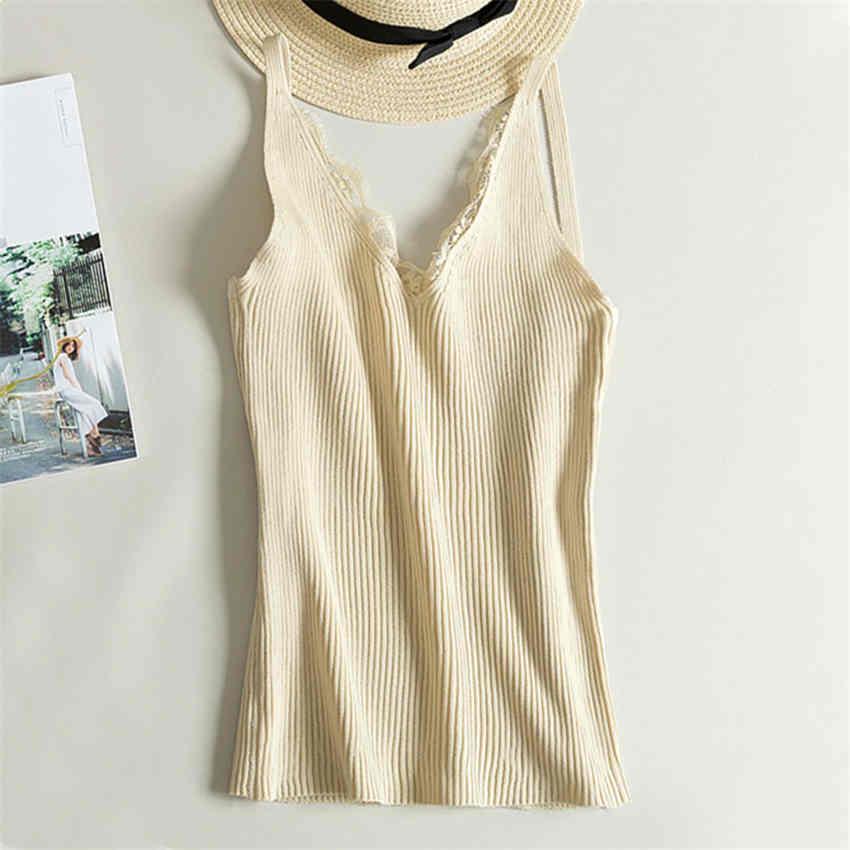 Women V-neck Lace Top Camisole Sleeveless Cotton Sexy Tanks Tops Knitted Cami Seamless Cropped Vest