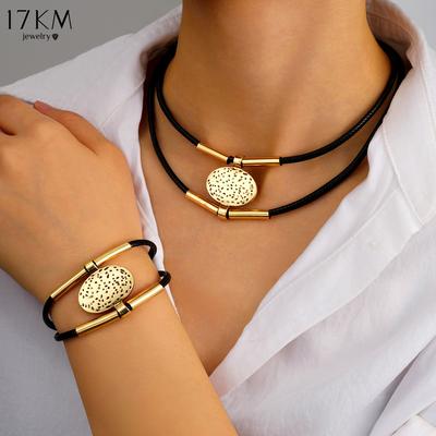 2 Teile/satz Vintage Metall Oval Faux Leder Halskette Armband Für Frauen Mode Gold Silber Farbe Doppel Layered Kette Schmuck Sets