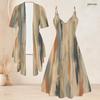 Women Plus Size Printed Two Piece Set Short Sleeve Cardigan Strappy V Neck Flared Dress