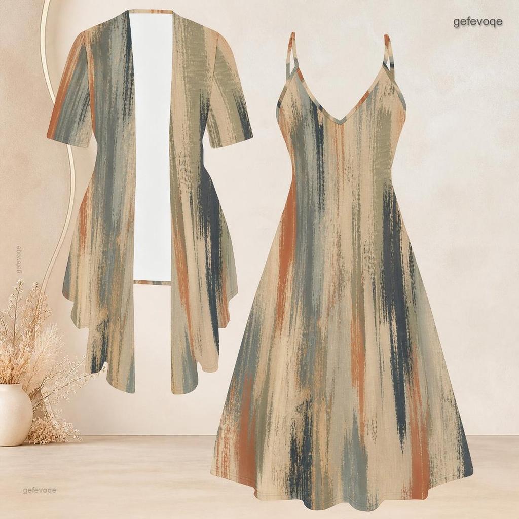 Women Plus Size Printed Two Piece Set Short Sleeve Cardigan Strappy V Neck Flared Dress