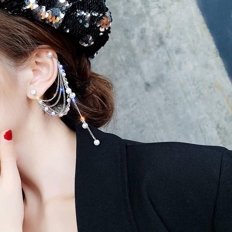 IF ME Korean Fashion Retro Asymmetrical Pearl Star Earrings Personality Exaggerated Tassel Ear Clip Jewelry Accessories