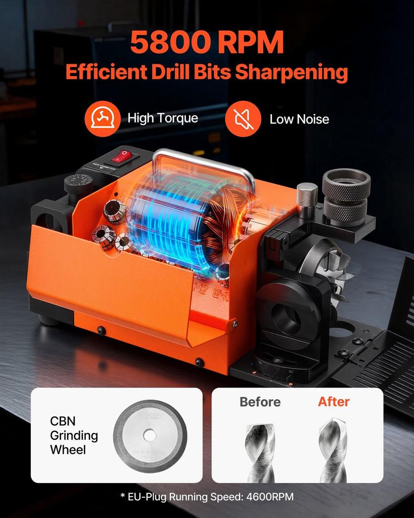 Drill Bits Sharpener MR-13A, 3-15mm Drill Bit Grinder Sharpener with 95°-135° Adjustable Point Angle, 4600RPM High Speed Re-Sharpening Machine with 13