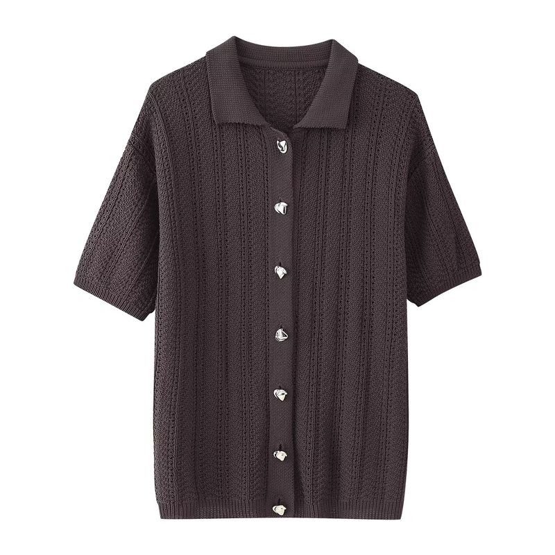 Kaslead New Women Clothes Western Style Texture Knitted Slim Fit Straight Lapel Short Sleeve Shirts Trousers