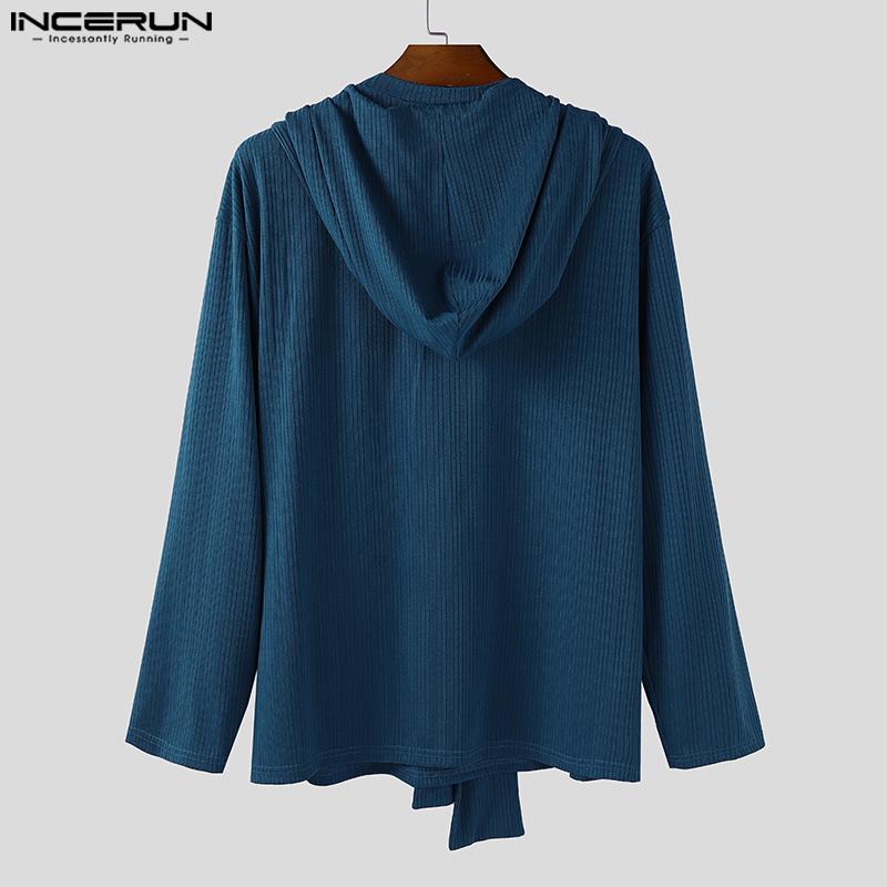 INCERUN Autumn Men Long Sleeve Hooded Texture Rib Shawl Casual Tops T-shirts