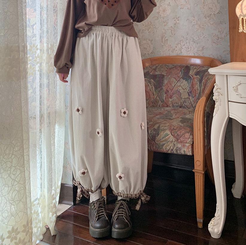 Japoński słodki kwiat sztruks szerokie nogawki spodnie na co dzień kobiety w stylu Vintage śliczne luźne spodnie dziewczyny Harajuku spodnie dresowe Kawaii Bloomers