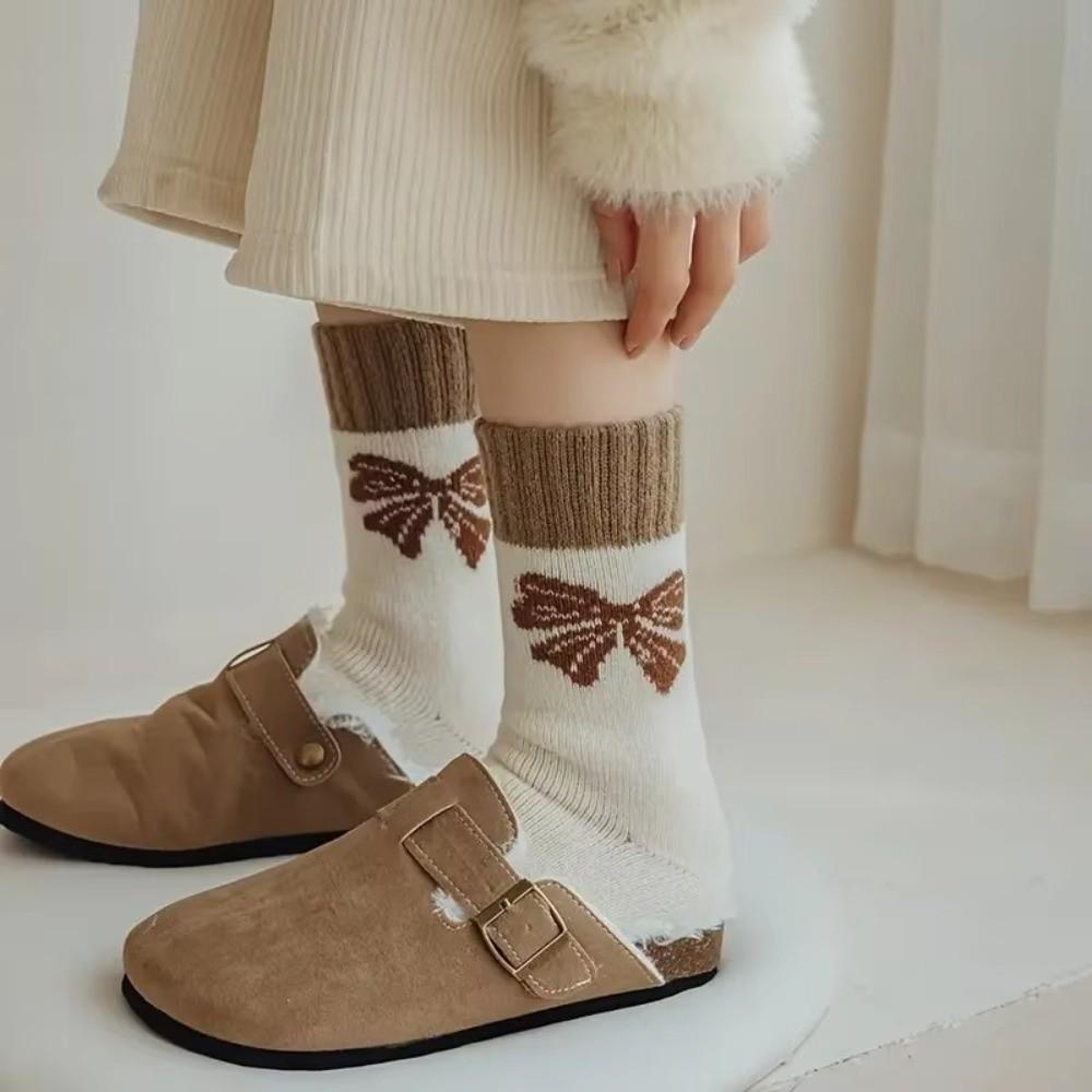 Thick Plush Middle Tube Socks Bow Snow Boot Socks New Women's Socks  Autumn and Winter