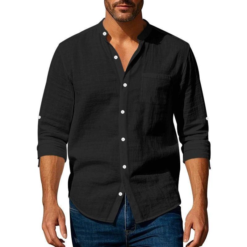 

2026 Spring and Autumn Men s Linen Stand Collar Long Sleeve Breathable Casual Chinese Style Pocket Shirt XXXL чорний