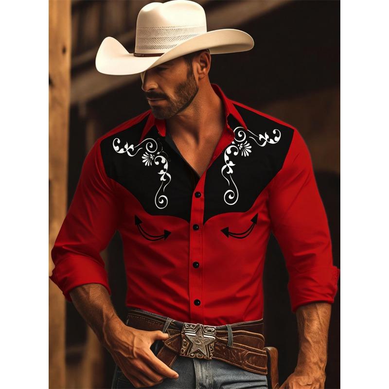 Nuova Camicia da Uomo a Maniche Lunghe, Stile Western Cowboy con Stampa a Fantasia Vintage, Top da Uomo alla Moda a Maniche Lunghe con Collo a Revers.