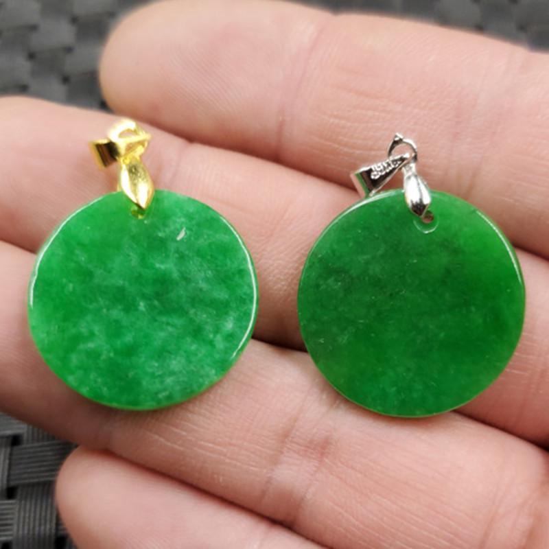 Bright Green Ganqing Jade Round Pendant Necklace, 25mm Diameter 25mm Gold Clasp