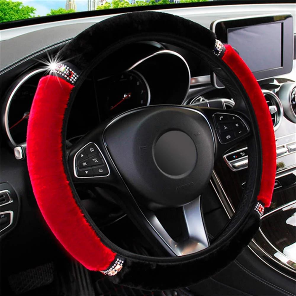 37-38cm Diameter Universal Elastic Soft Plush Rhinestone Car Steering Wheel Cover Interior Accessories