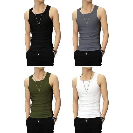 Men Summer Vest Sleeveless Pure Color O Neck Slim Fit Elastic Pullover Soft Breathable Gym Exercise Sports Tank Top