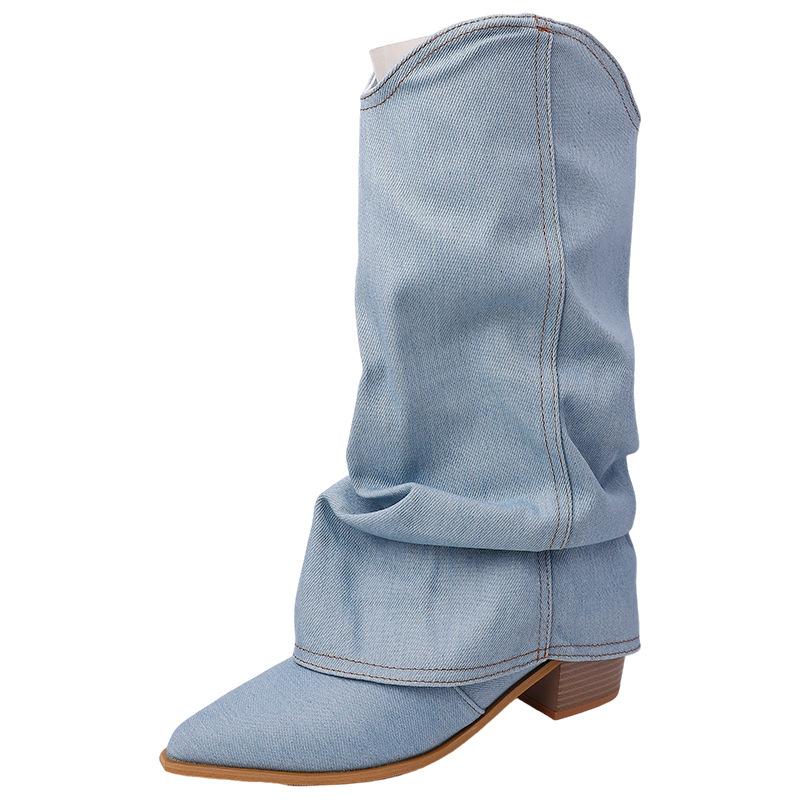 Versatile Retro Pointed Short Boots Thin Cowboy Boots Autumn and Winter Fashion Pleated Trouser Boots Thick Heel Medium Tube Fashion Boots