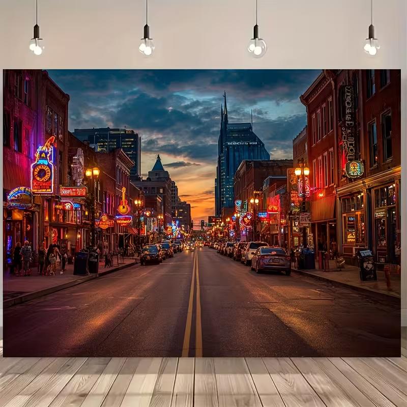 2D Nashville Cityscape Photography Backdrop, Broadway Street with Neon Honky-Tonk Bars at Sunset 47.2x31.5inch/120*80cm