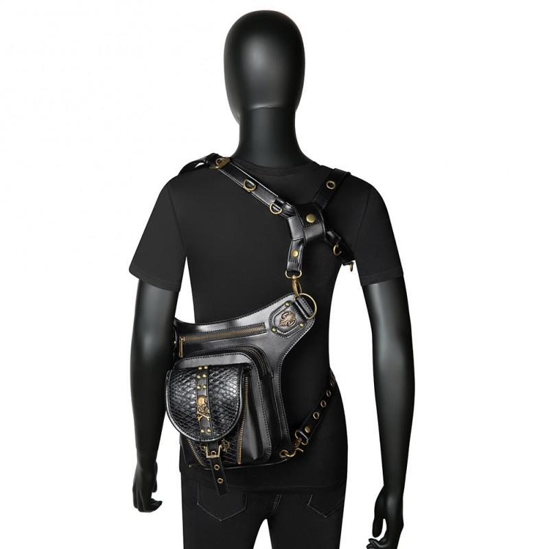 Womens Punk PU Shoulder Bag With Rivets Chain Detail Tactical Waist Pack Halloween Outdoor Riding Daily Wear