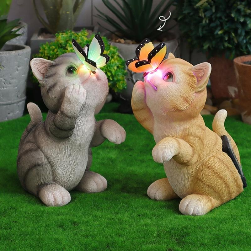 Garden Ornament Cats Solar Light Statue for Backyard Cafe Indoor Outdoor Statue Sculpture LED Cats Figurine Yard Lamp