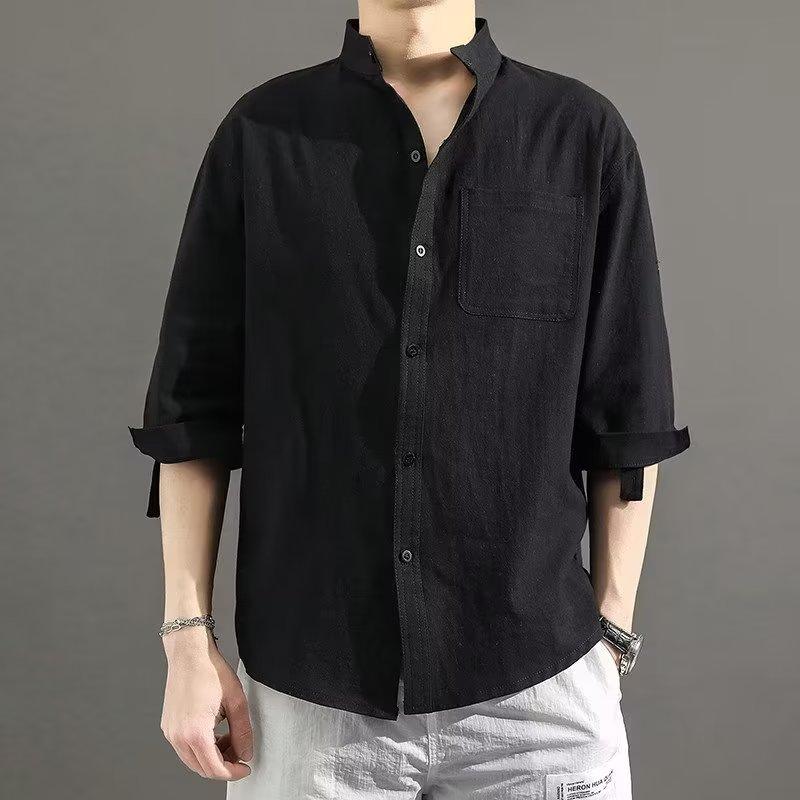 Men'S Loose Workwear Shirt Half Sleeved Casual Middle-Aged And Young Standing Collar Shirt Cardigan