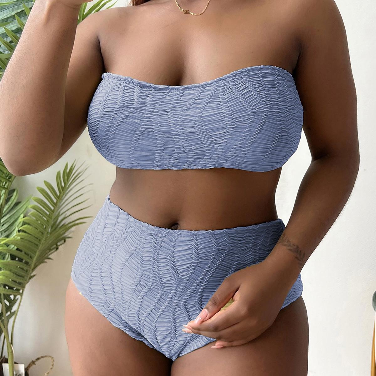 

Женское бикини больших размеров, трансграничный европейский и американский купальник больших размеров, новый однотонный бикини-бандо с высокой талией, на складе DM433 3XL синий