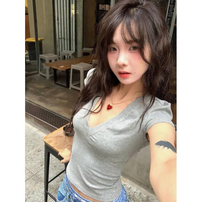 Spice Girl Deep V Shoulder T-Shirt Women's Summer Slim Skinny Versatile Pure Desire Short Sleeve Simple Niche Design Top