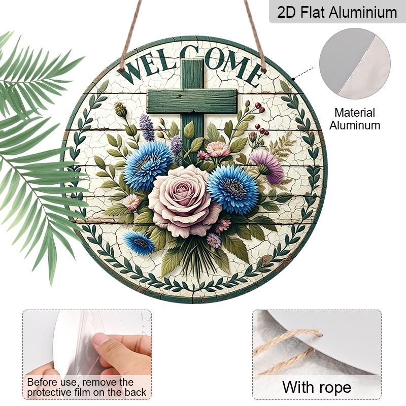 2D Flat Christian Cross Floral Welcome Doorplate, Aluminum Decorative Sign and Plaque, Various Sizes. Country Farmhouse Hanging Door Decoration