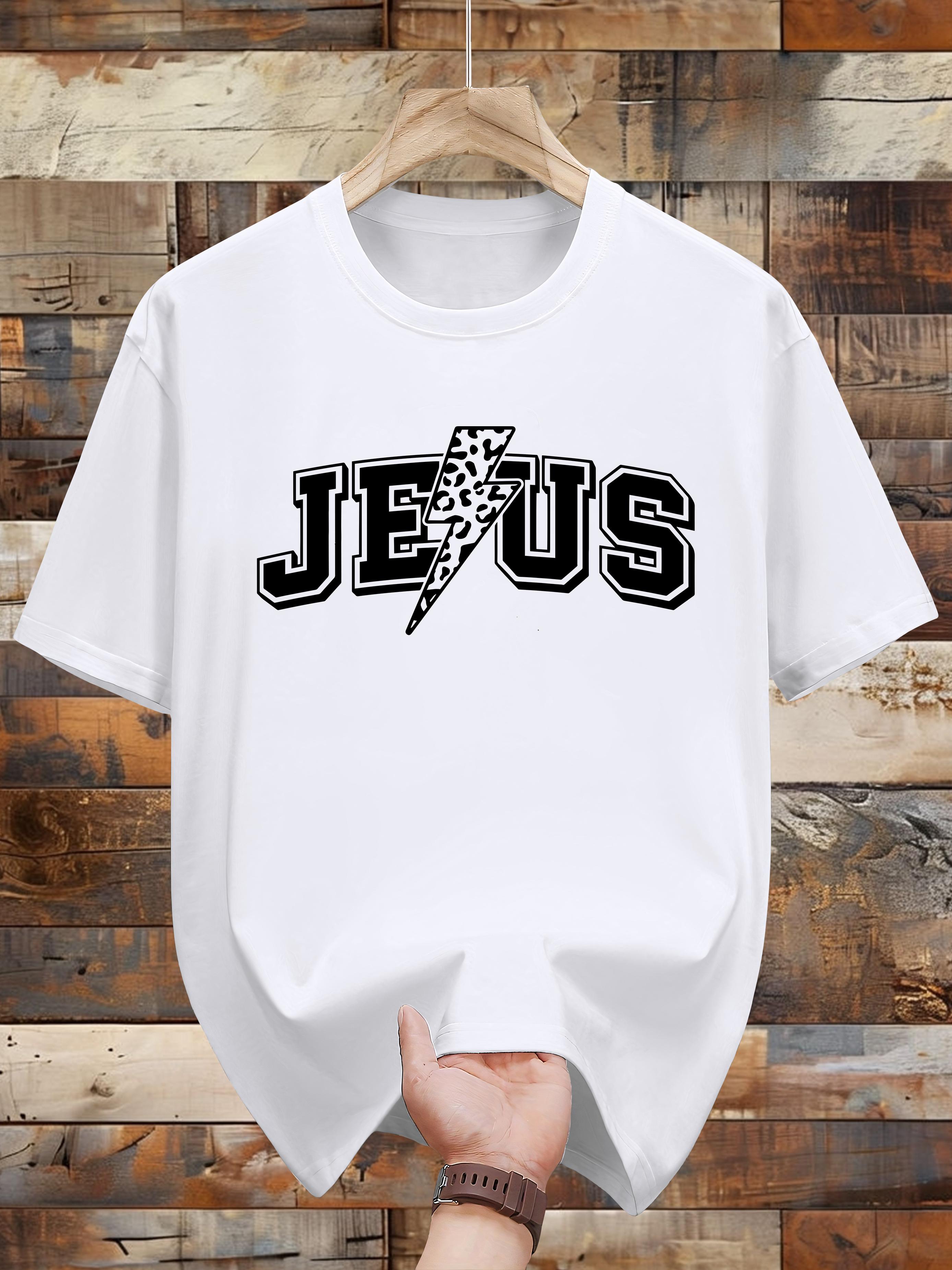 Niuwang Selection 200g 100% Cotton Short Sleeve T-shirt - Navy Blue Graphic Tee with Bold Jesus & Lightning Bolt Design XL