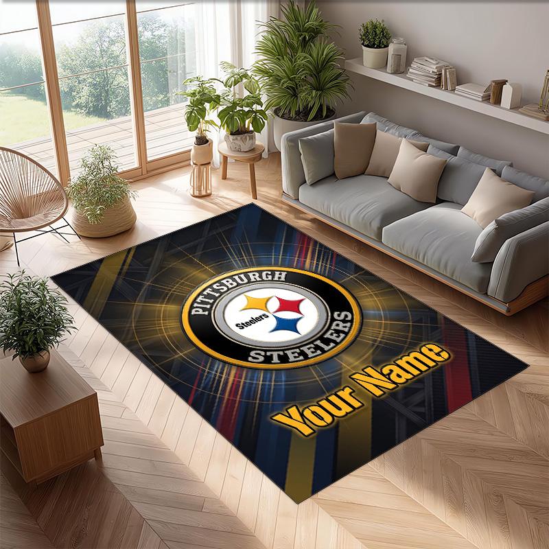 Pittsburgh Steelers Crystal Velvet Rug, Custom Name Text Personalized Non‑Slip Floor Mat for Home Decor Gift