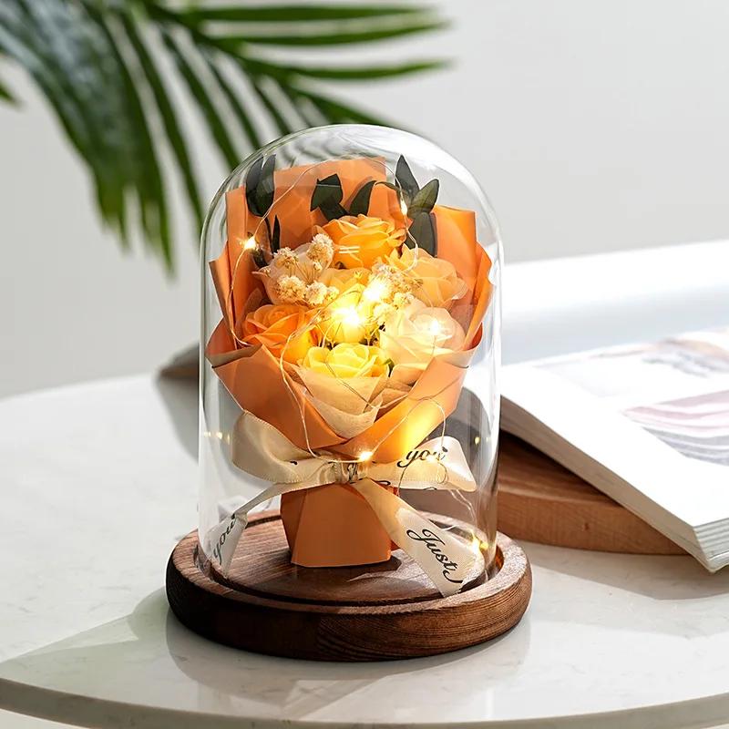 Real Dried Sunflower Bouquet with LED Light Real Eternal Roses Lamp Sunflower Glass Cover Graduation Valentine's Mother's Gift