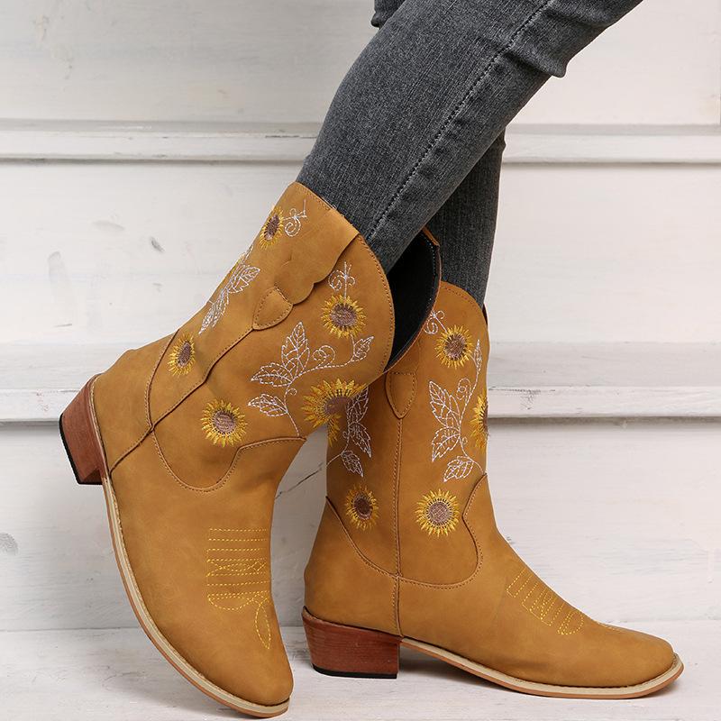 Fashion Women's PU Leather Printed Embroidered Boots Classic Casual High Top Sunflower Night High Heels Women's Boots