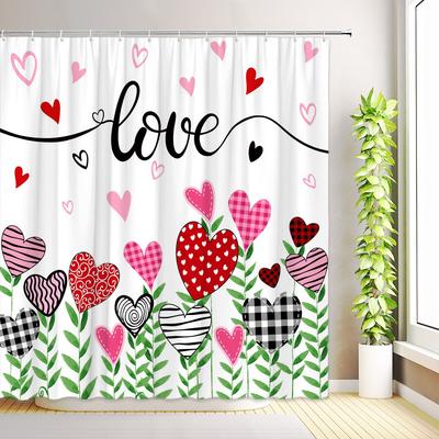 Valentinstag Duschvorhang Romantisch Rot Liebesherzen Blumen Abstrakt Modern Badezimmer Dekor Stoff Badvorhänge mit Haken