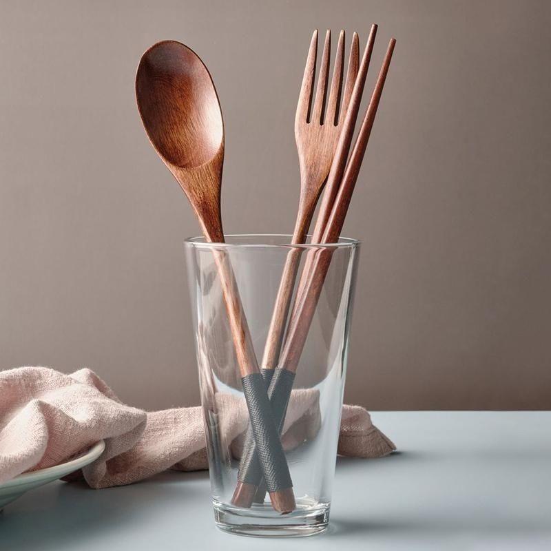 Portable 3-piece Set Korean Wooden Tableware Fork Spoon Chopsticks Solid Wood Long Handle Spoon Chopsticks Tableware Dinnerware