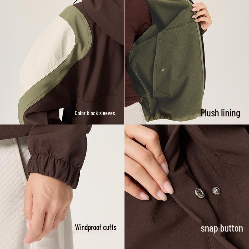 Colorblock Water-Repellent Softshell Jacket with Elastic Hem and Fleece Lining