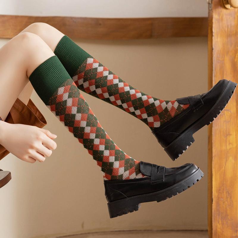 Colorful Spring Pattern ins fashion Diamond plaid Knee socks women Party Queen knee-high stockings Over Knee long ladies girls